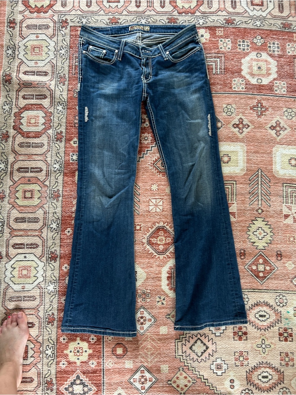 BKE Dark Blue Flare Jeans with Subtle Distressing